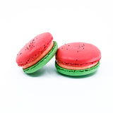 Watermelon flavoured macaron. round red and green macaron