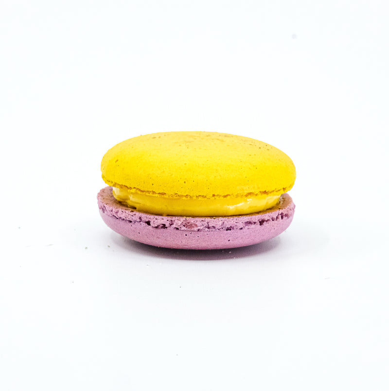 Purple and yellow round macaron. Passionfruit flavour